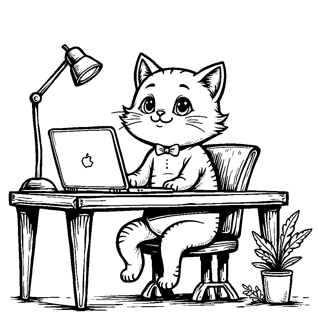 A cat sitting at a desk with a laptop and coffee cup