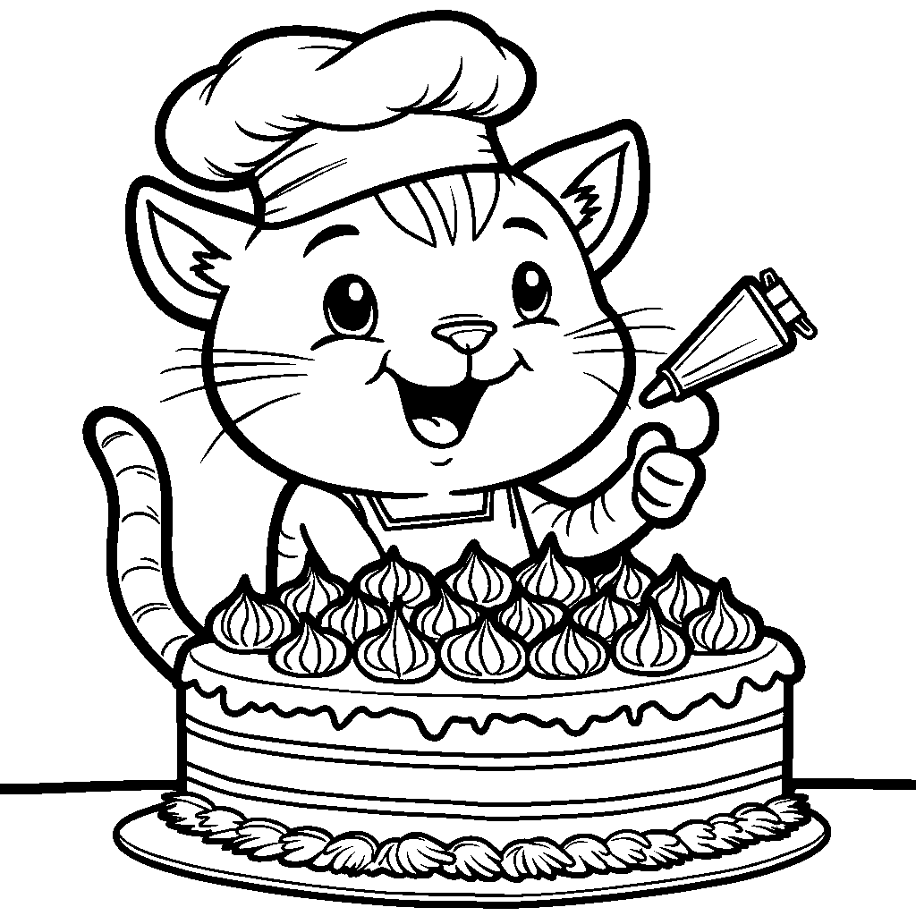 Cat as a baker decorating a cake with colorful icing