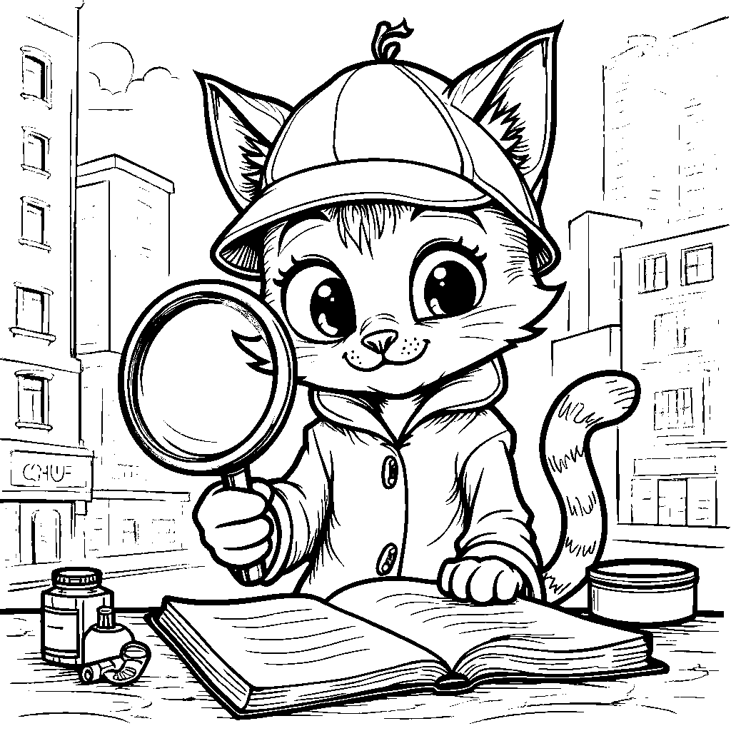 Cat as a detective solving a mystery with a magnifying glass