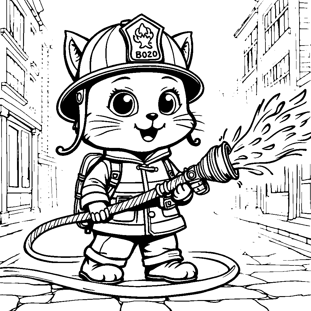 Cat as a firefighter putting out flames with a hose