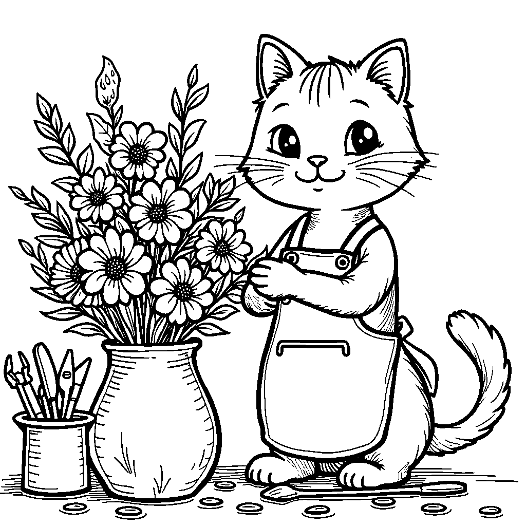 Cat as a florist arranging a bouquet of flowers