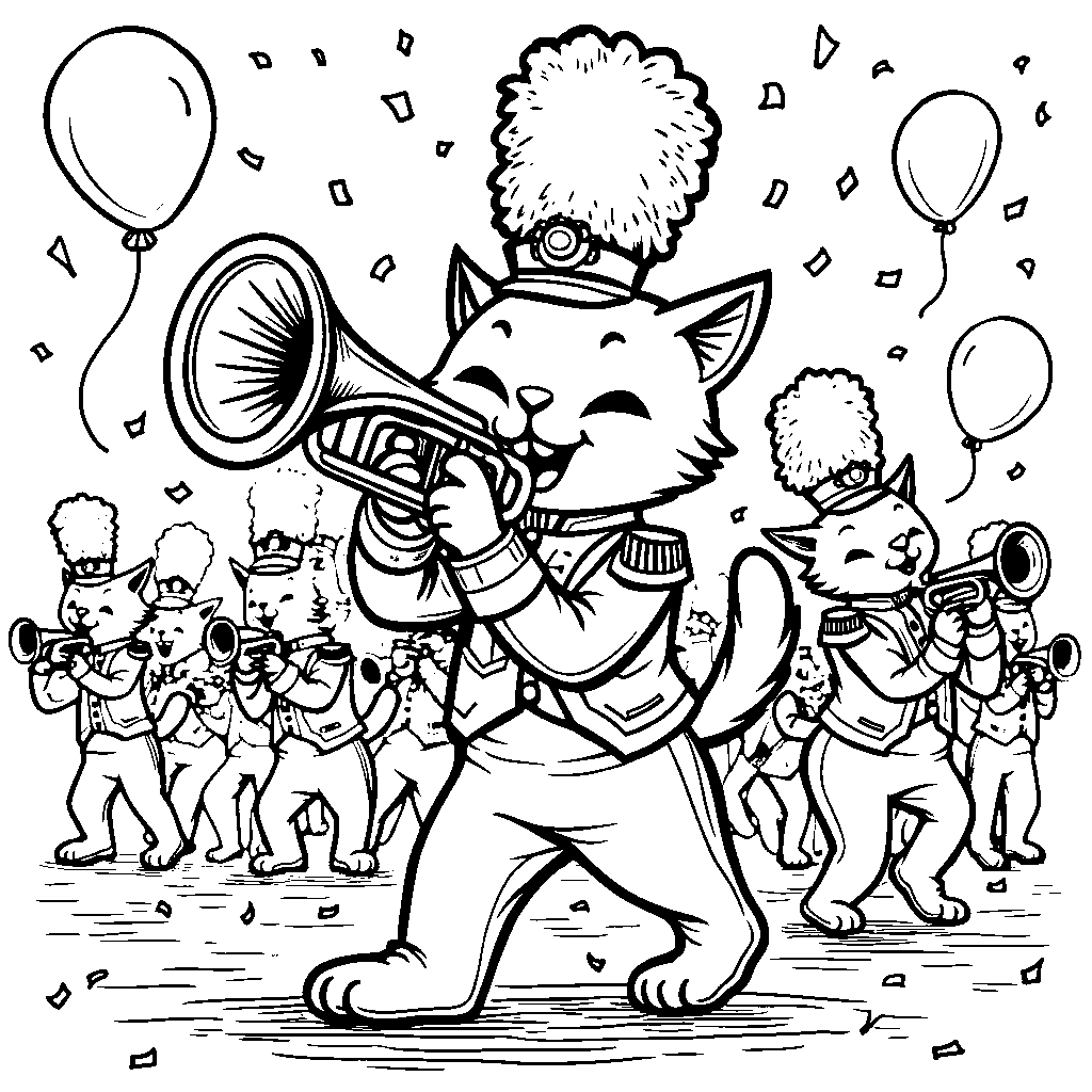 Cat playing a trumpet in a marching band