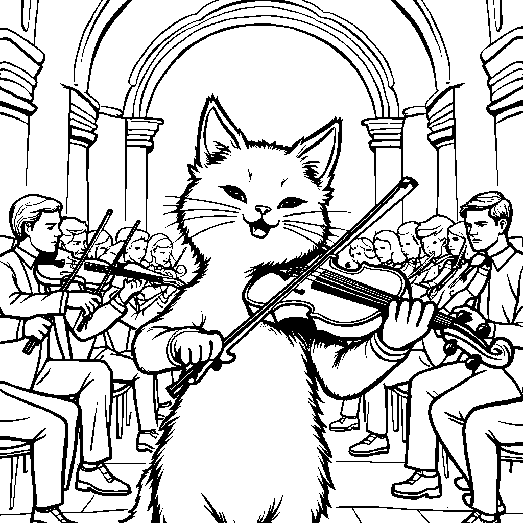 Cat playing a violin in an orchestra