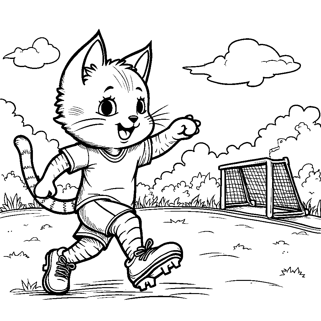 Cat playing soccer with a ball and goalposts