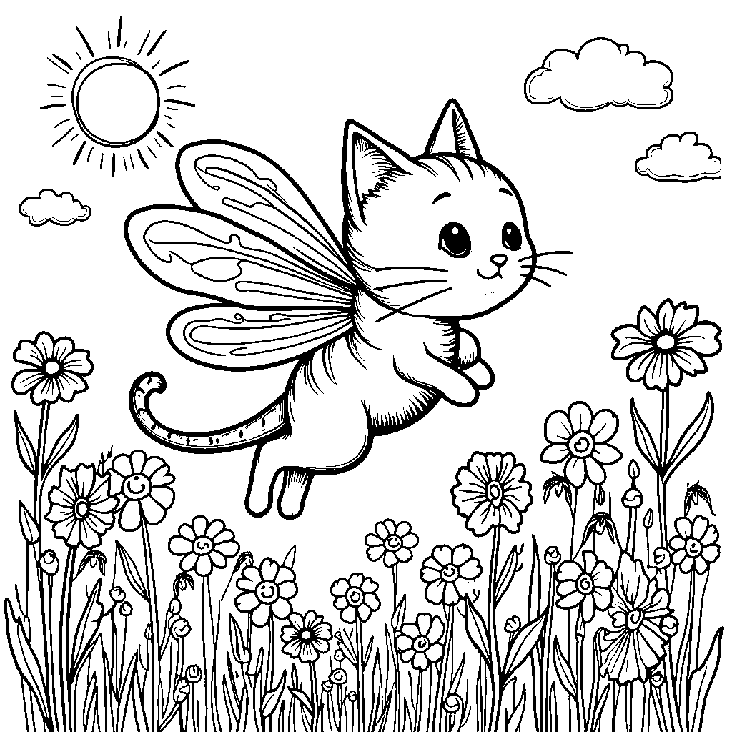 Cat riding a dragonfly through a field of flowers