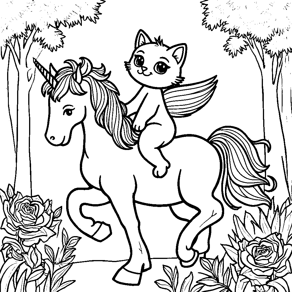 Cat riding a unicorn through a rainbow-colored forest