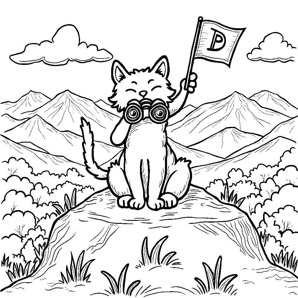 Cat sitting on a mountain peak with a flag and binoculars