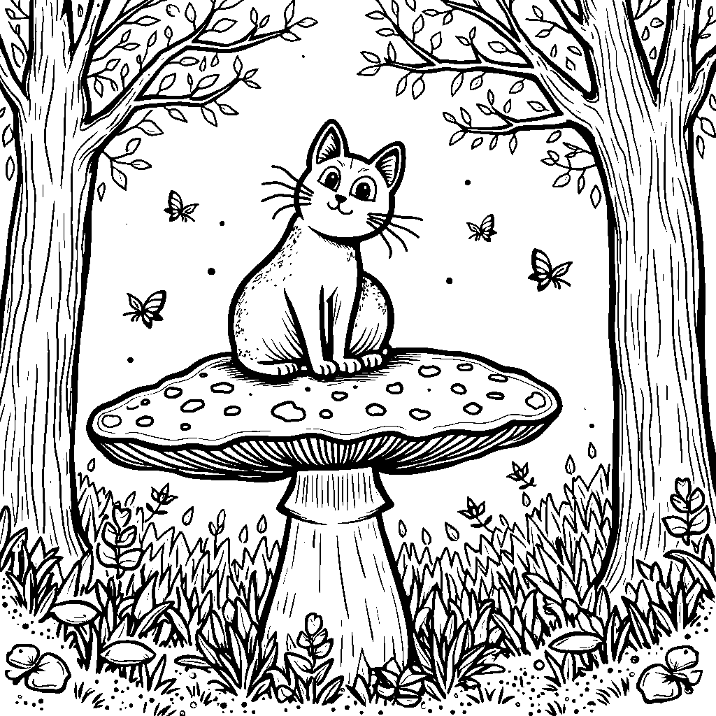 Cat sitting on a mushroom in a magical forest