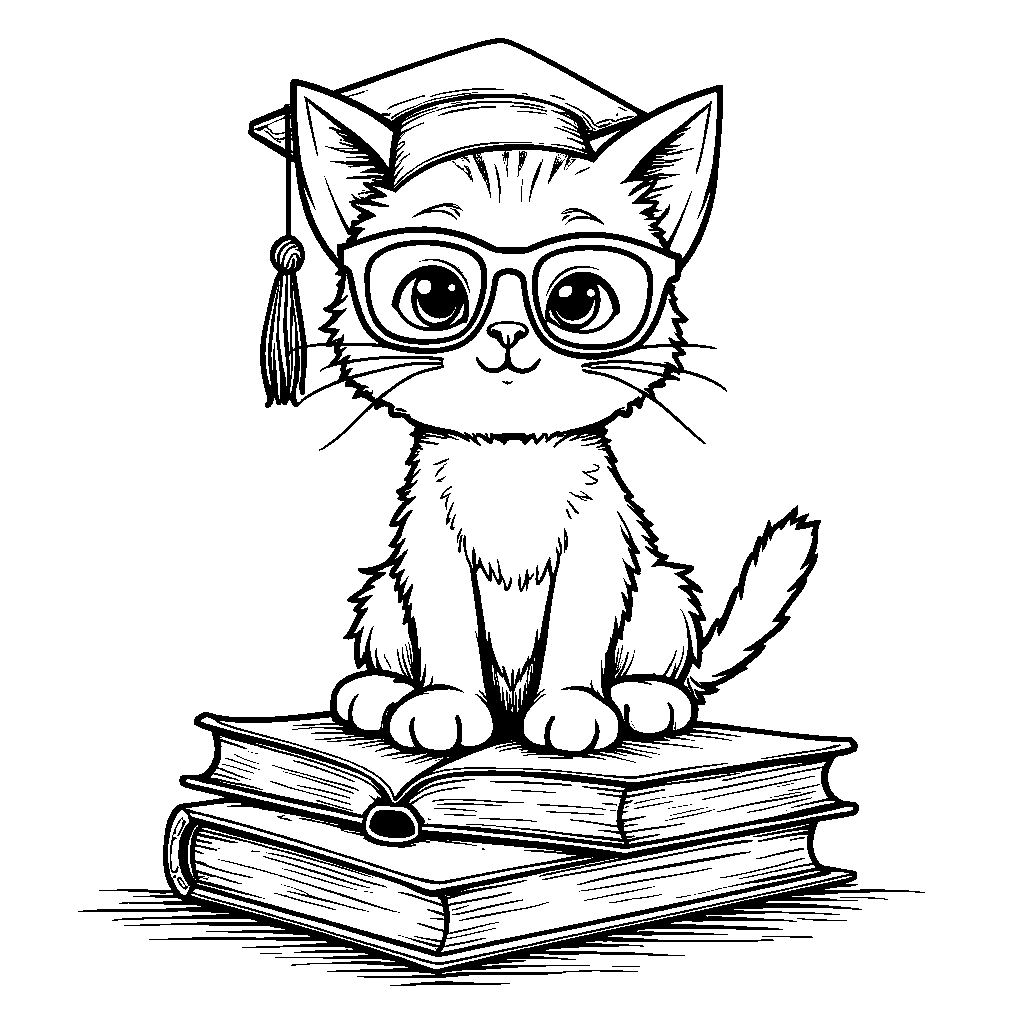 Cat sitting on a pile of books with glasses and a mortarboard