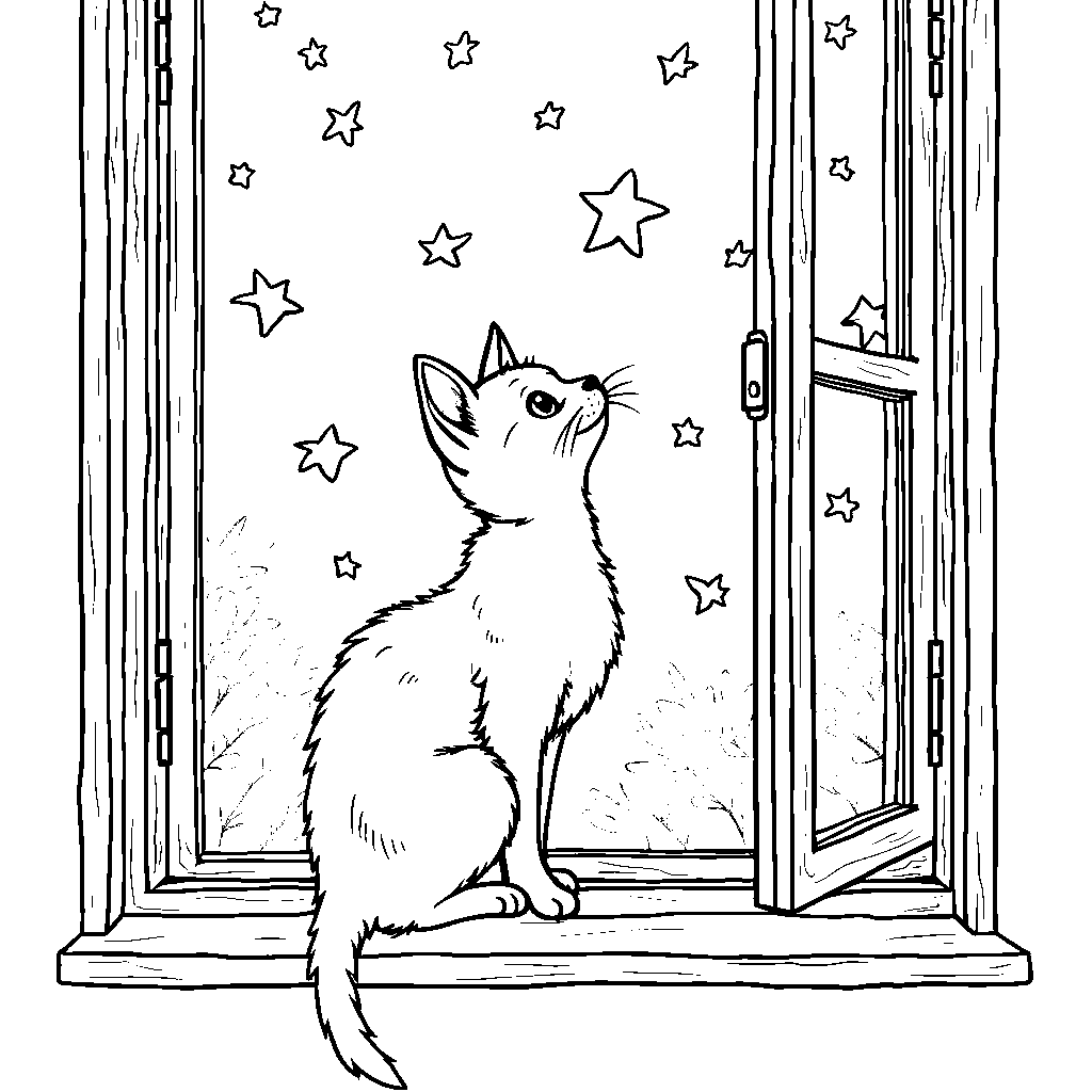 Cat sitting on a windowsill watching the stars at night