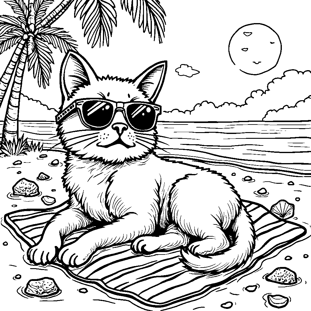 A cat wearing a pair of sunglasses and lounging on a beach