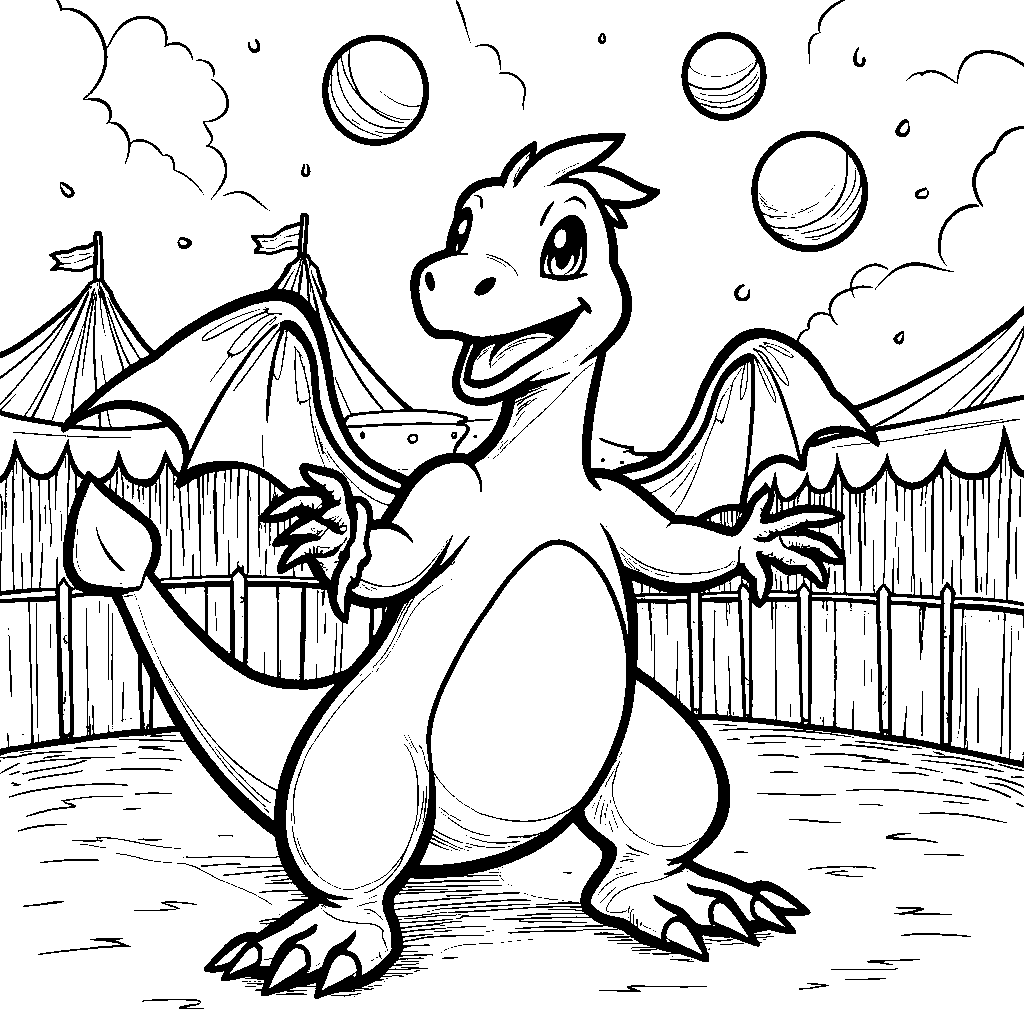 Charizard as a circus performer juggling balls