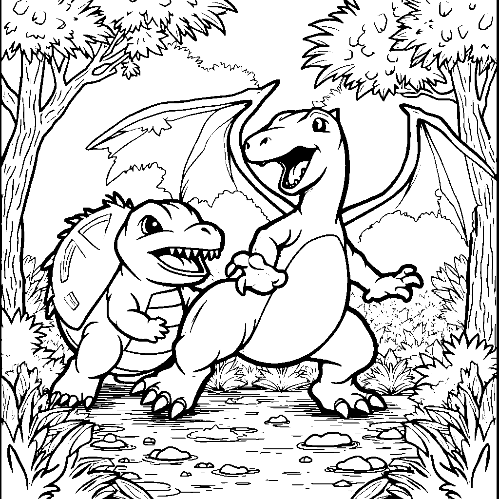 Charizard battling a Bulbasaur in a vibrant forest