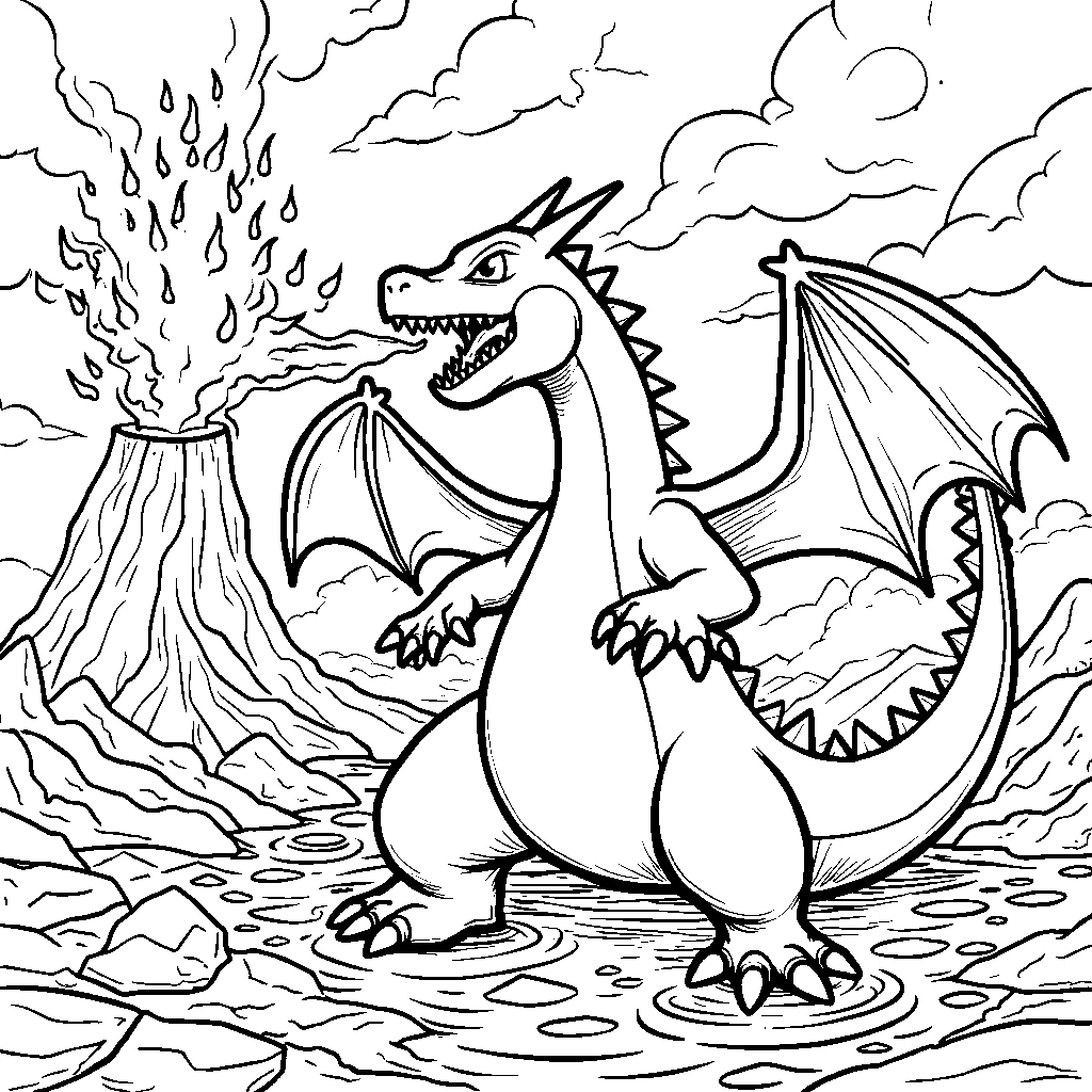 Charizard breathing fire over a volcanic landscape