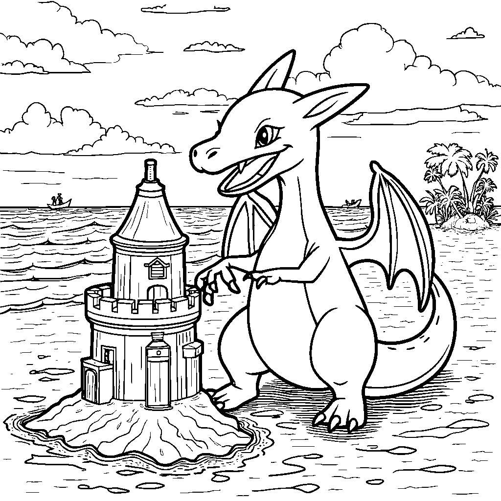 Charizard building a sandcastle on the beach