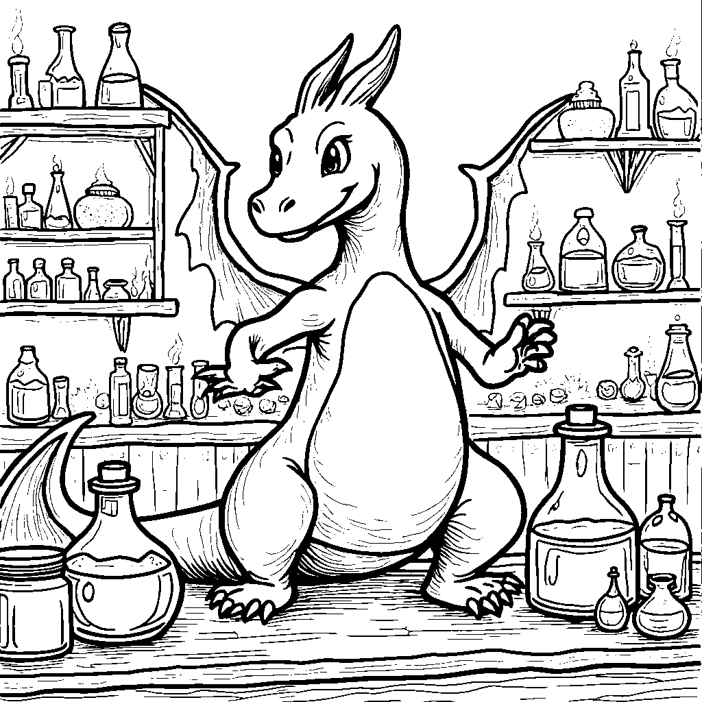 Charizard creating a potion in a magical laboratory