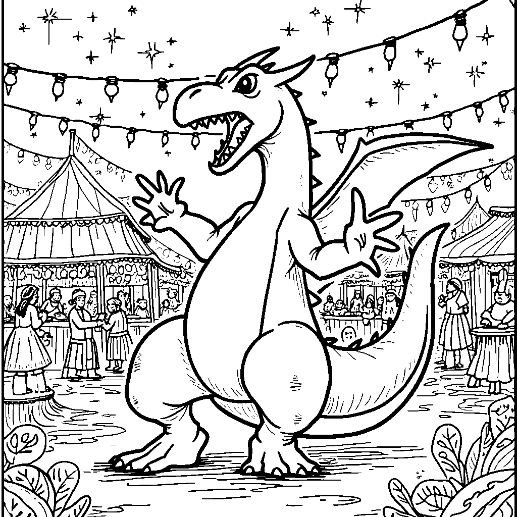 Charizard dancing at a colorful festival