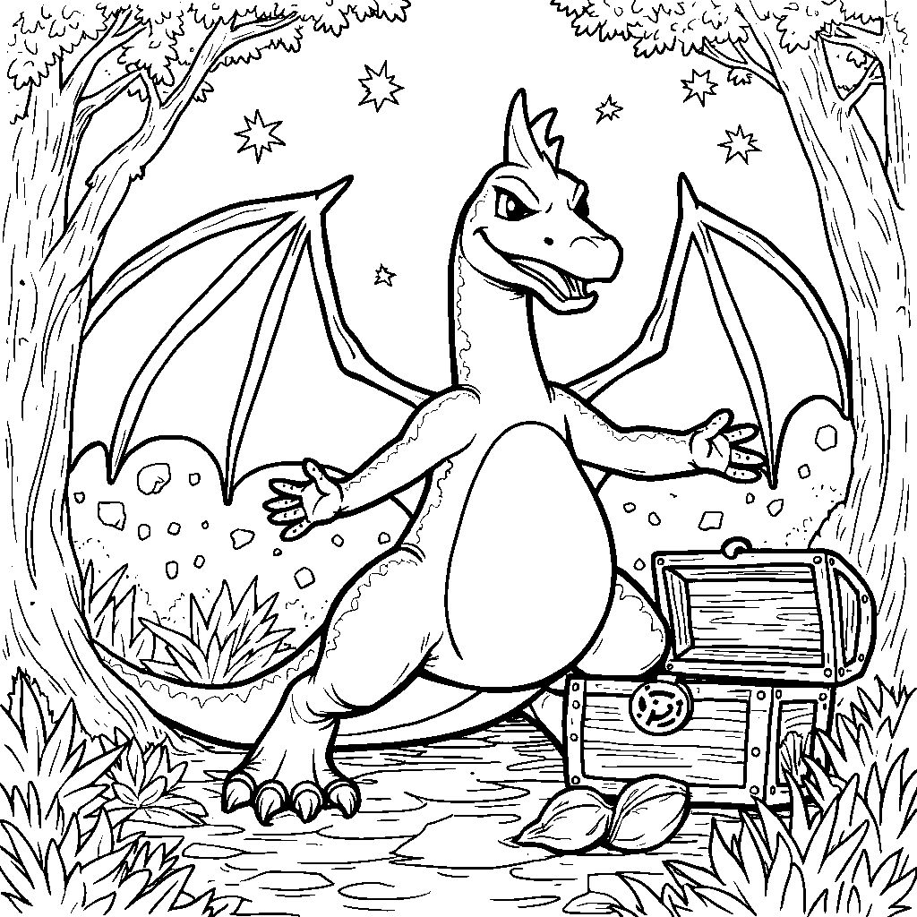 Charizard discovering a hidden treasure chest