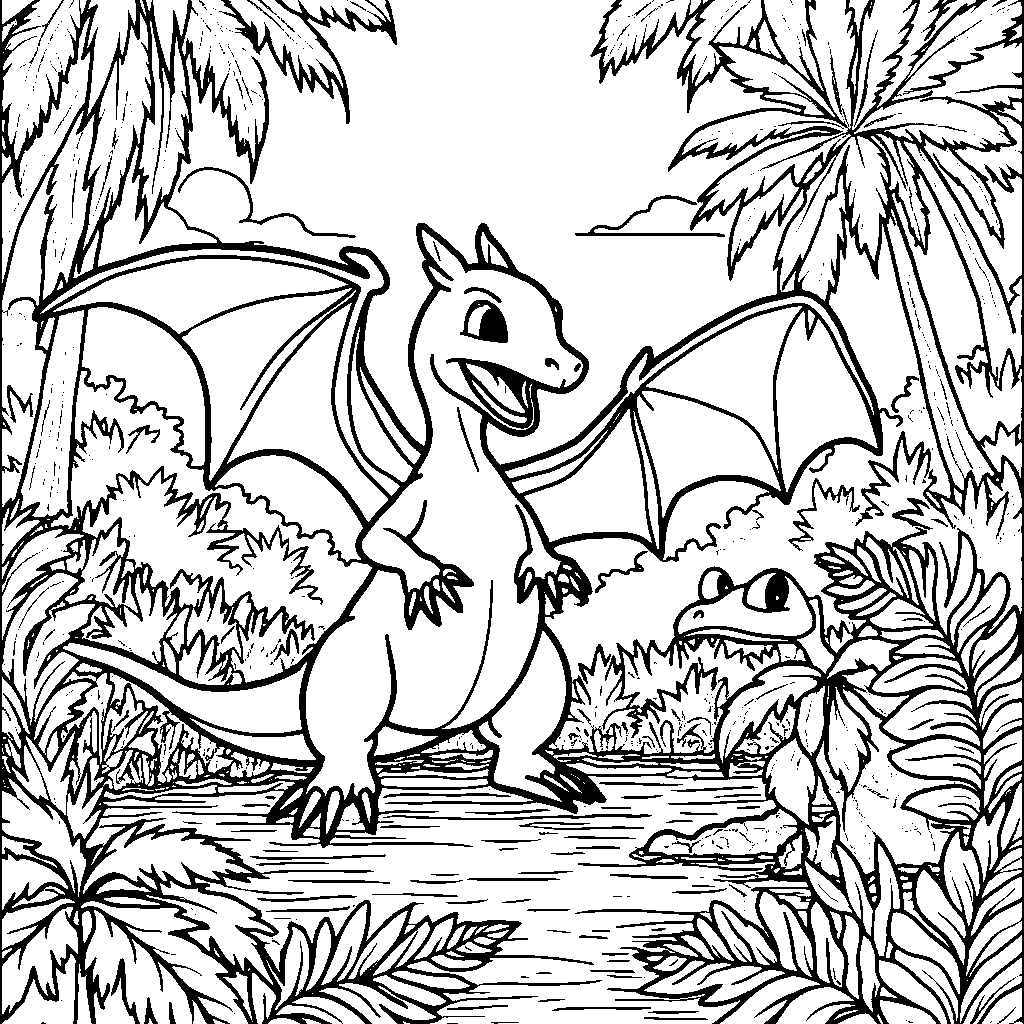 Charizard discovering dinosaurs in a prehistoric jungle