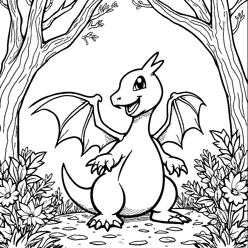 Charizard exploring an enchanted forest