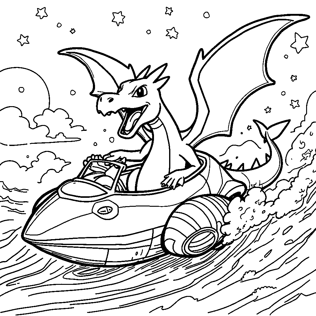 Charizard exploring outer space in a rocket ship