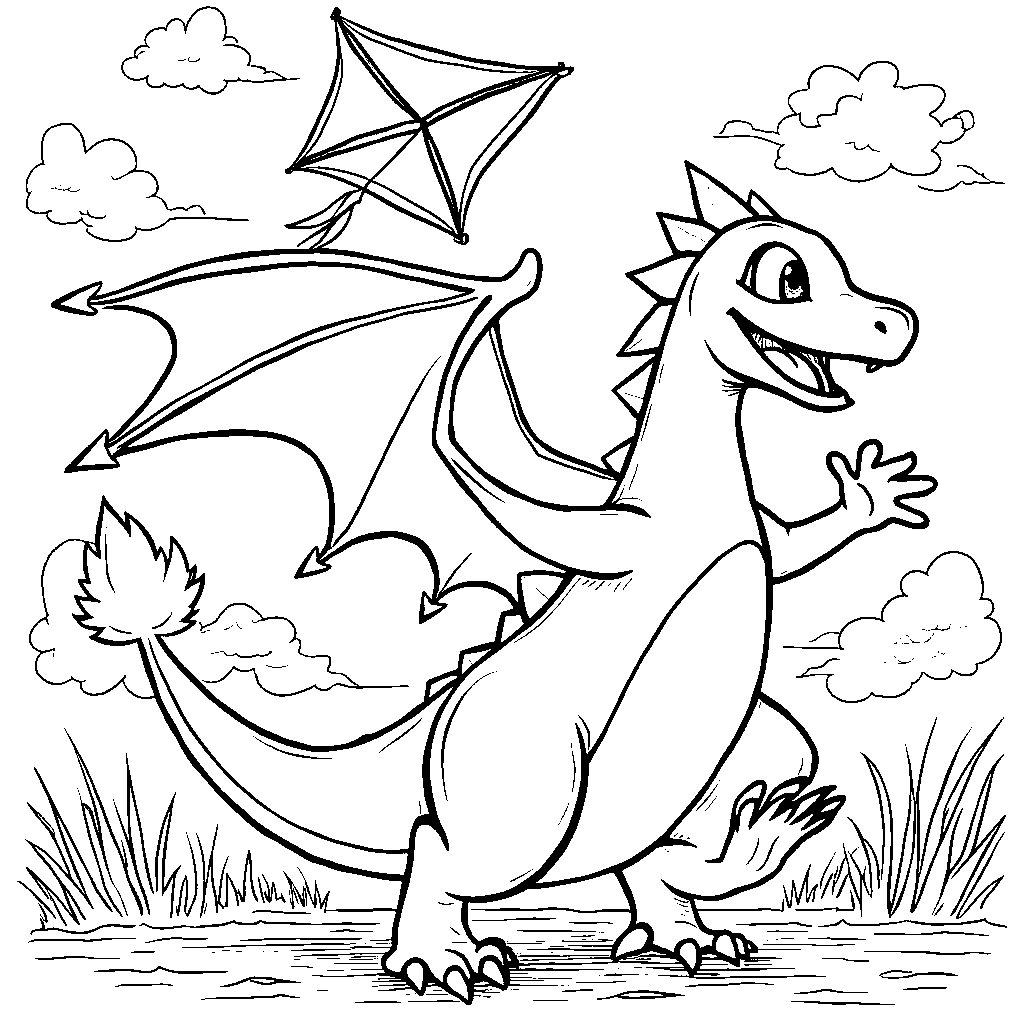 Charizard flying a kite on a windy day