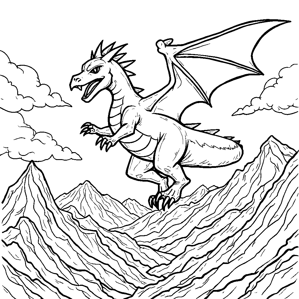 Charizard flying high above a mountain range