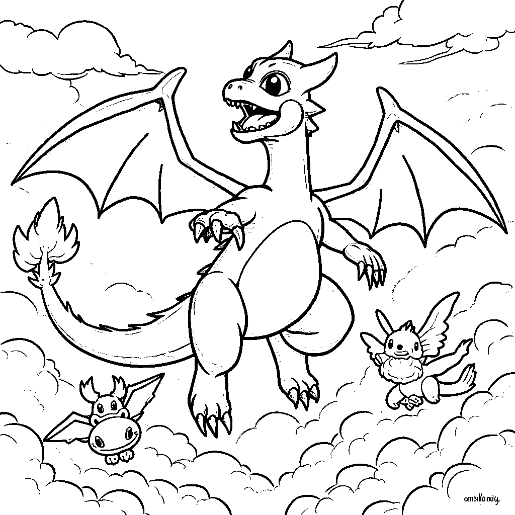 Charizard flying through the clouds with other flying Pokémon