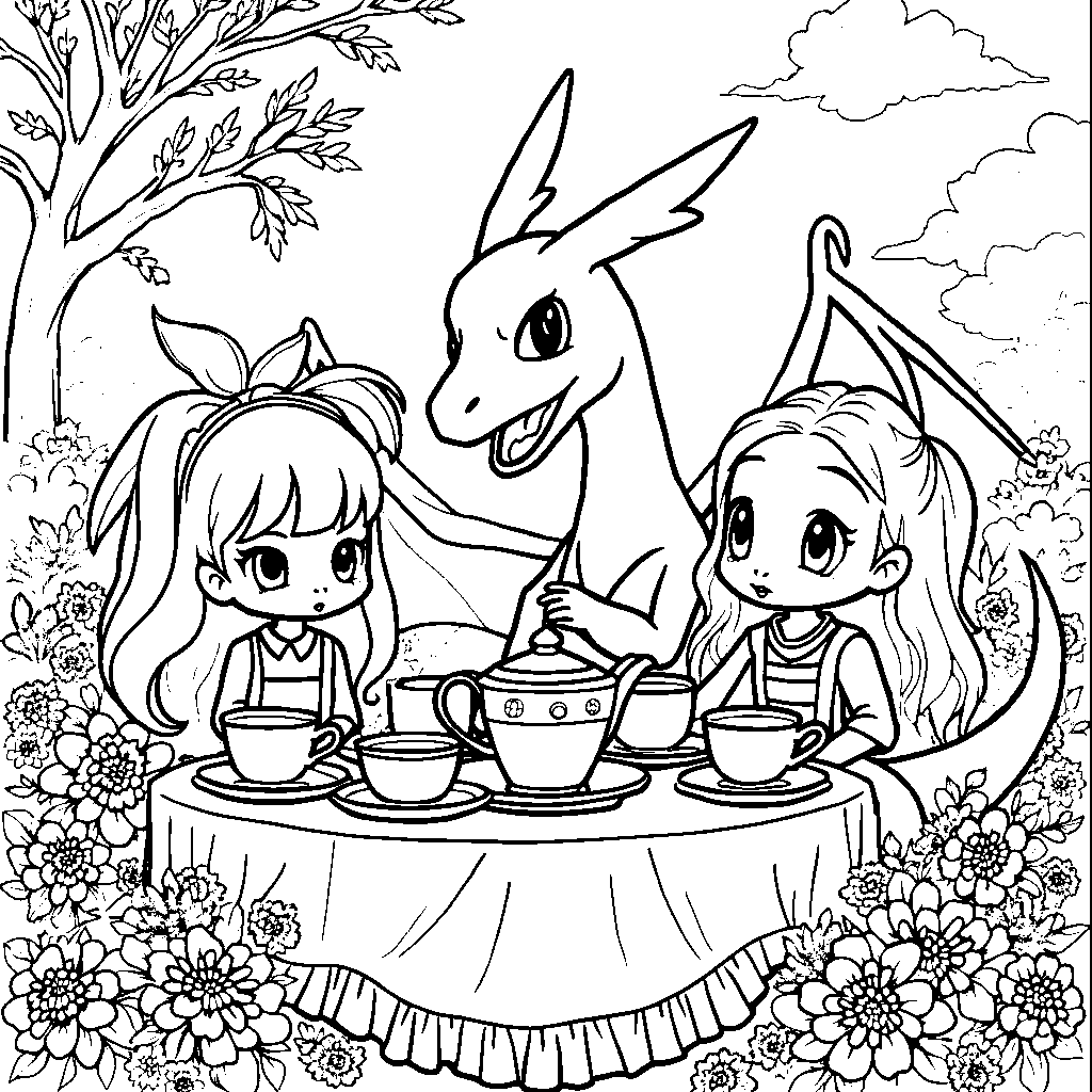 Charizard having a tea party with dolls