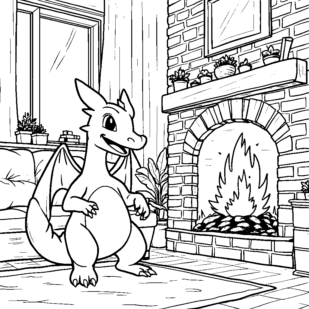 Charizard in a cozy living room by a fireplace