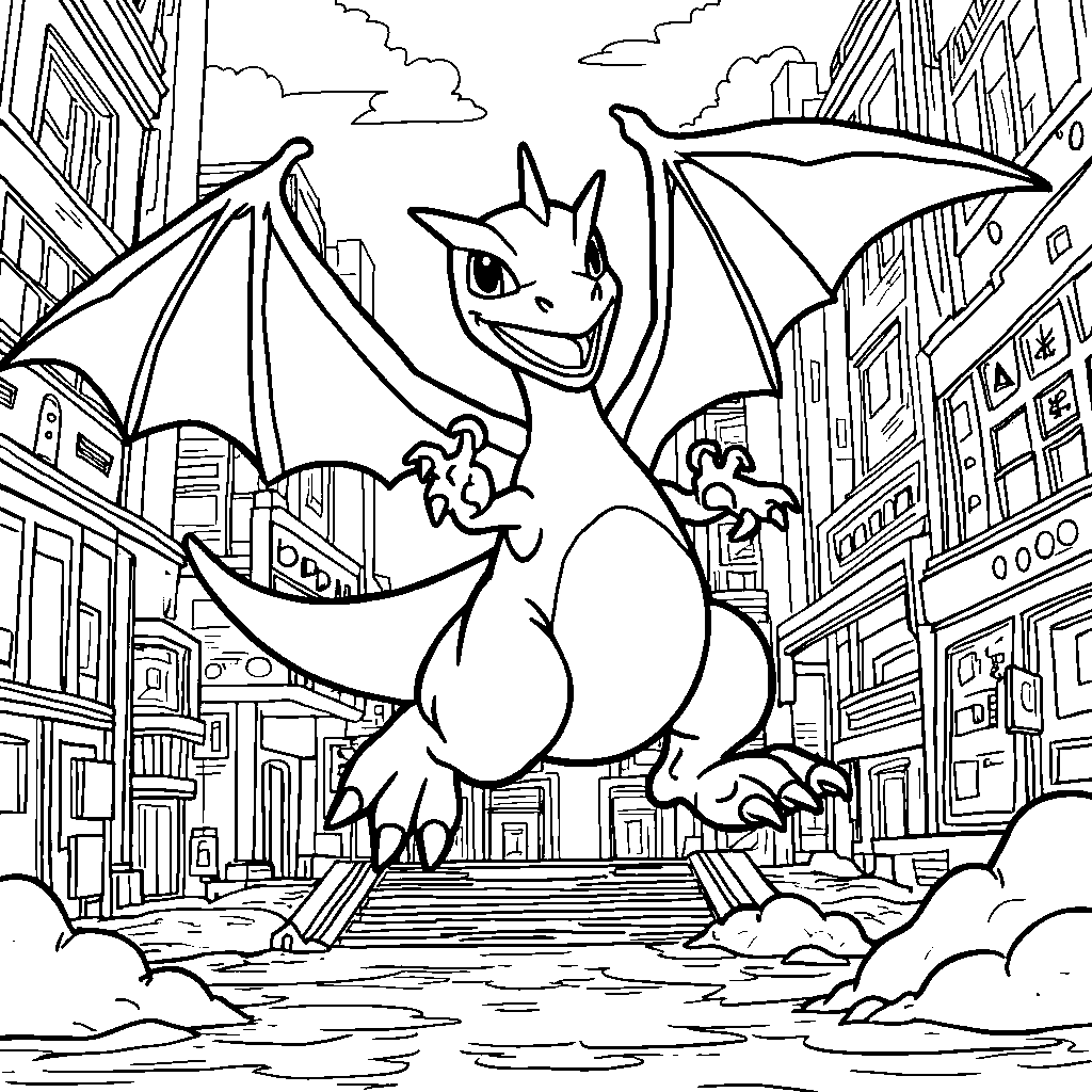 Charizard in a futuristic city with robots