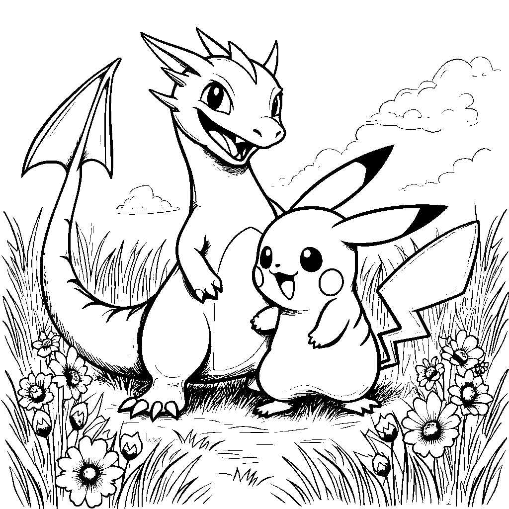 Charizard making friends with a Pikachu