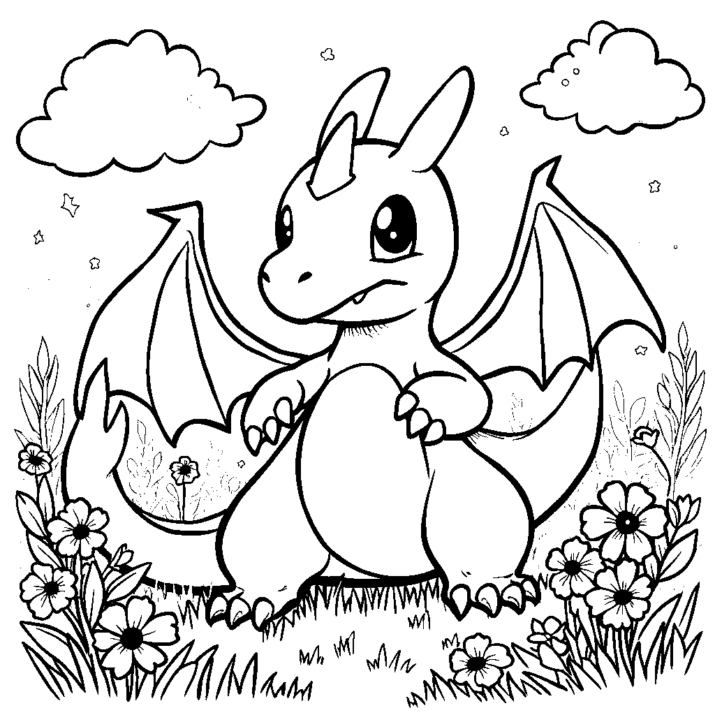 Charizard playing in a meadow with flowers