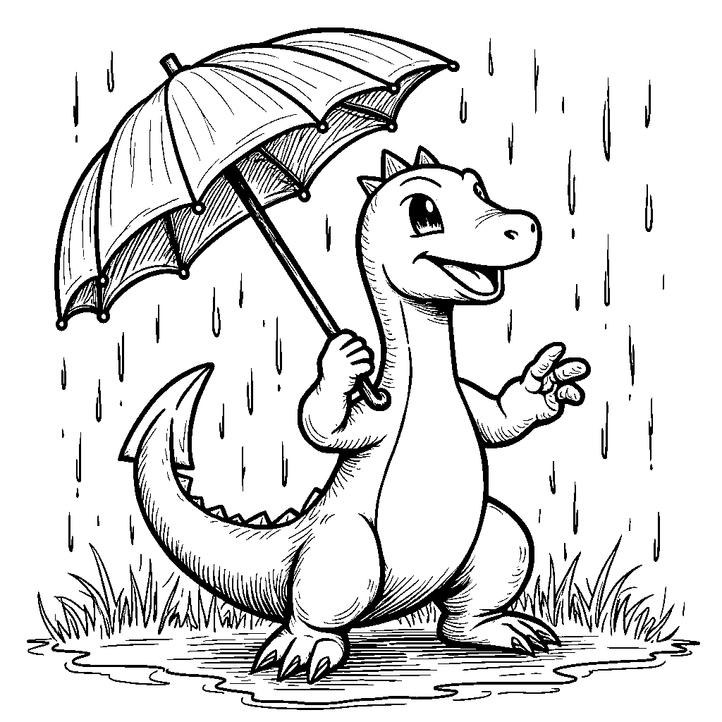 Charizard playing in the rain with umbrellas