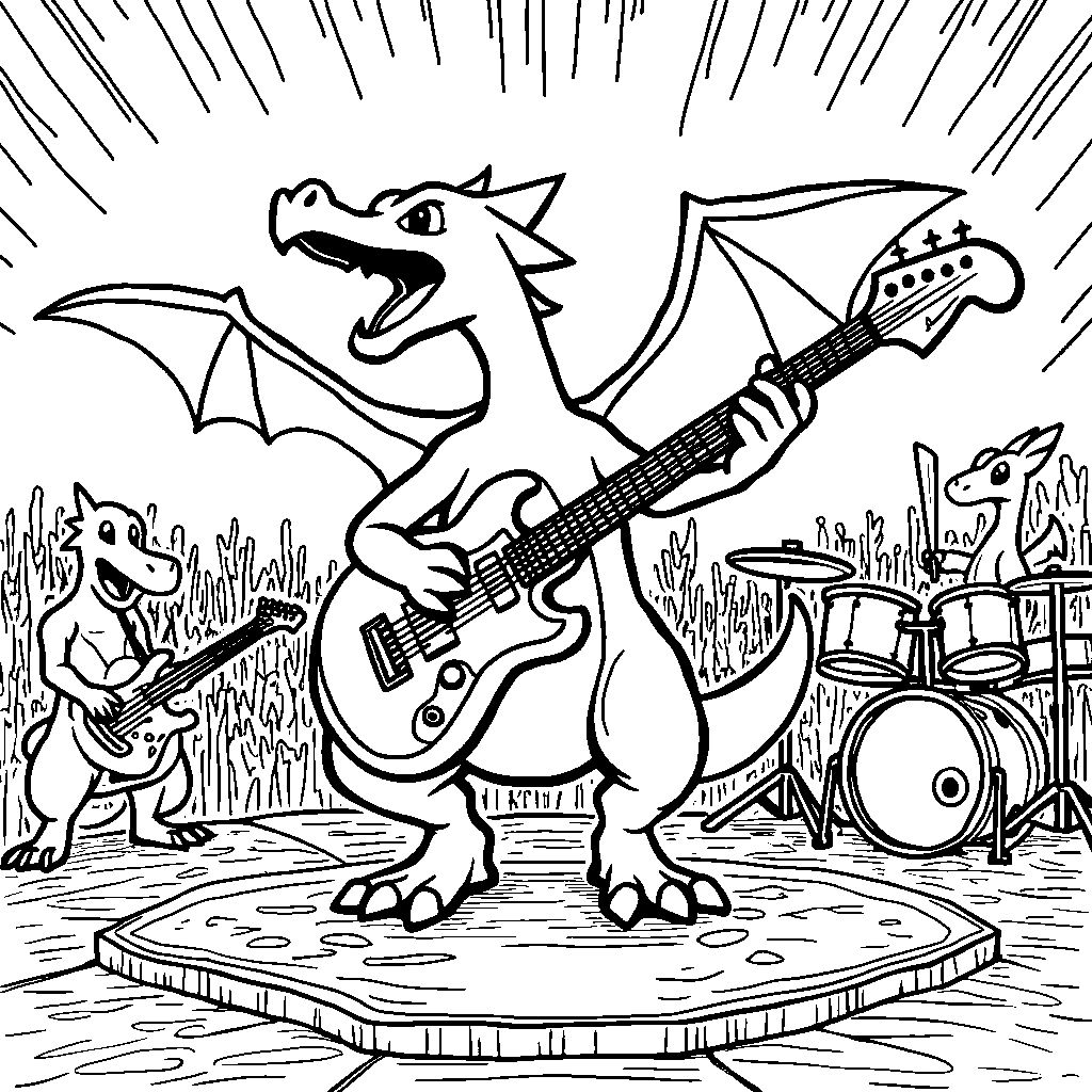 Charizard playing musical instruments in a band