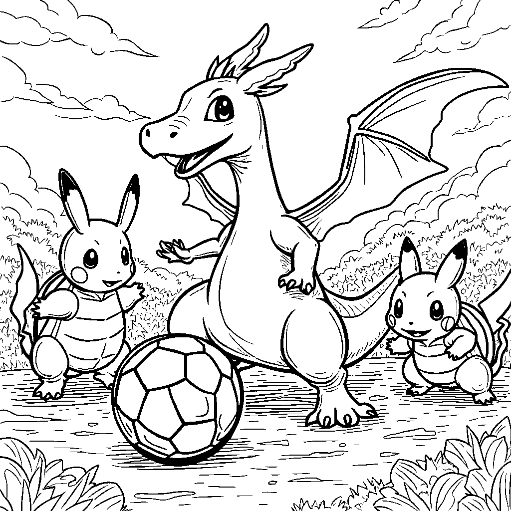 Charizard playing soccer with other Pokémon