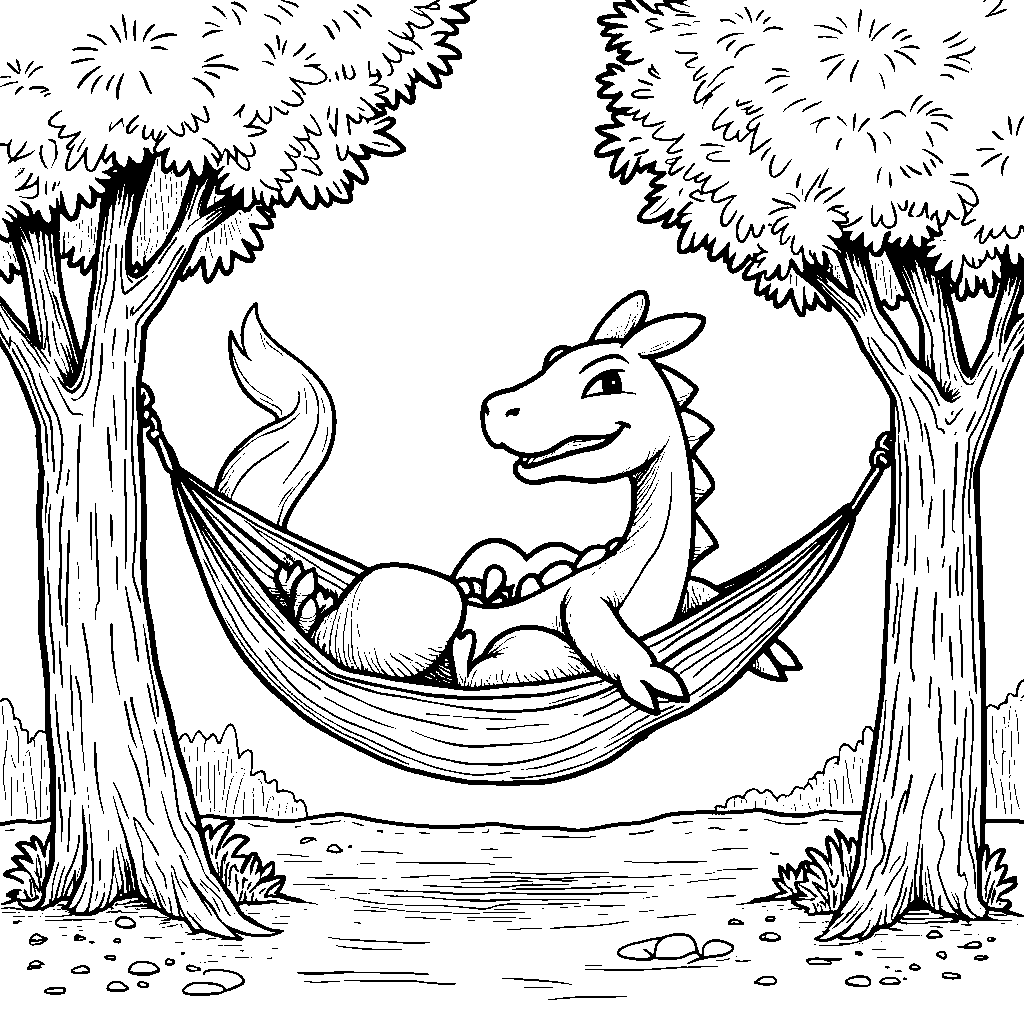 Charizard relaxing in a hammock between two trees