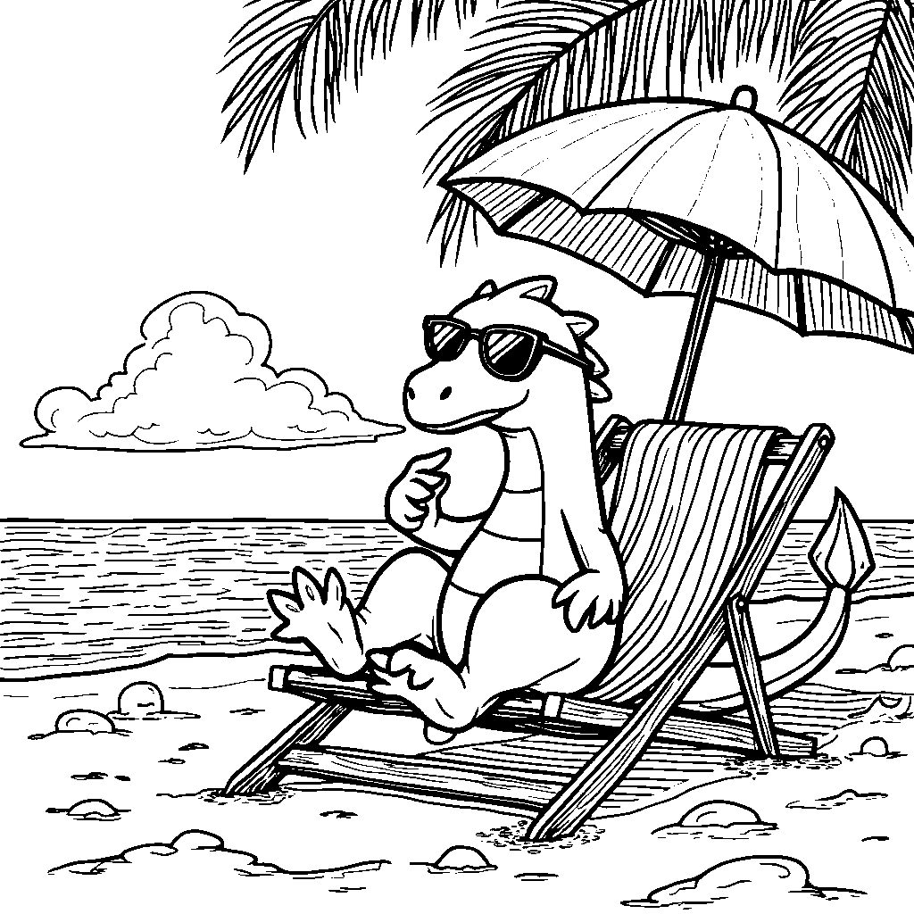 Charizard relaxing on a beach with sunglasses