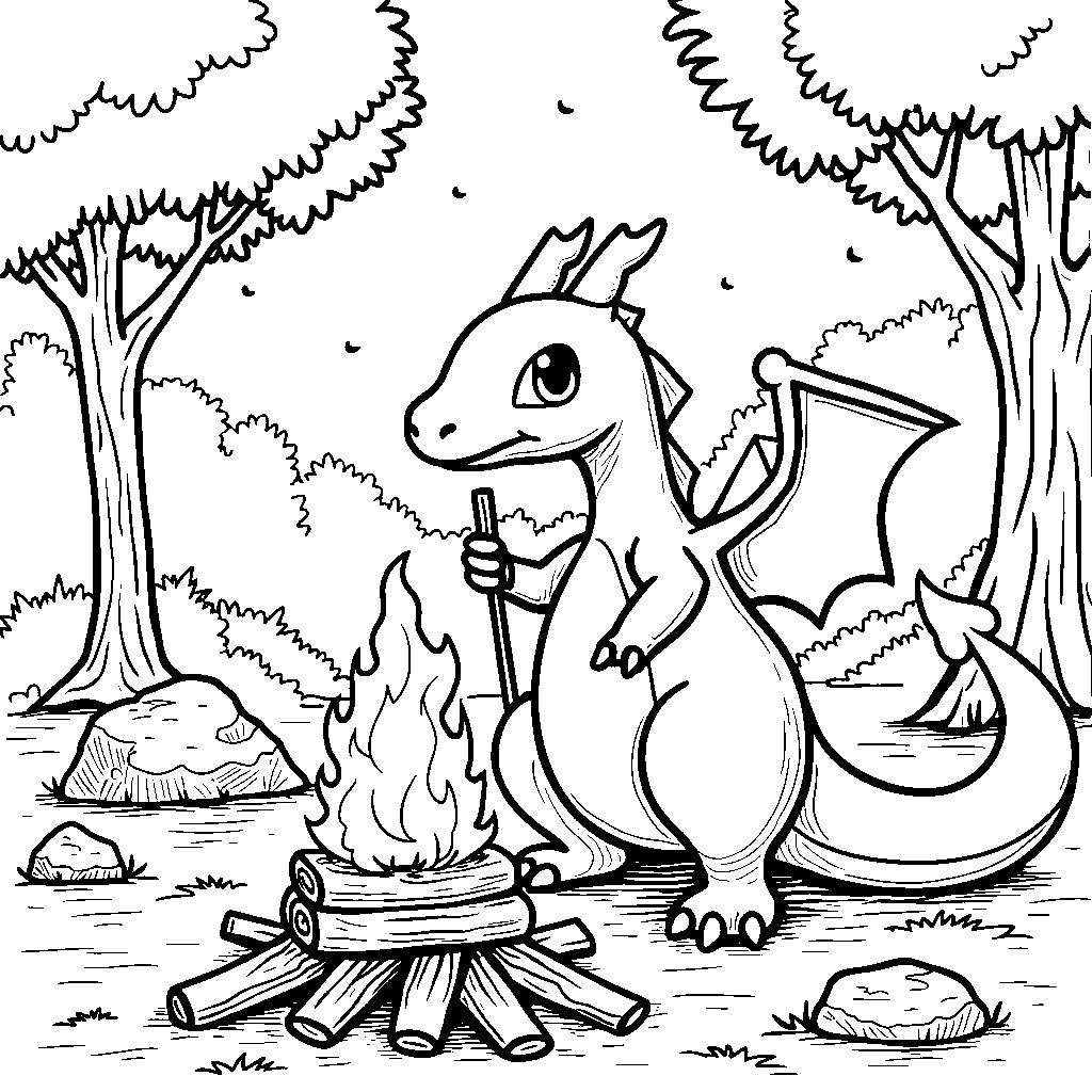 Charizard roasting marshmallows by a campfire