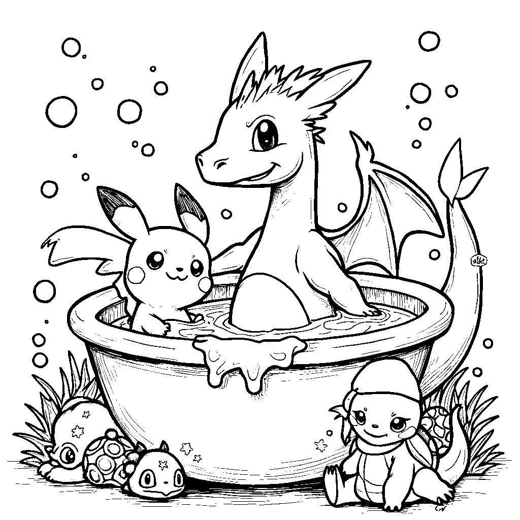 Charizard taking a bubble bath with other Pokémon