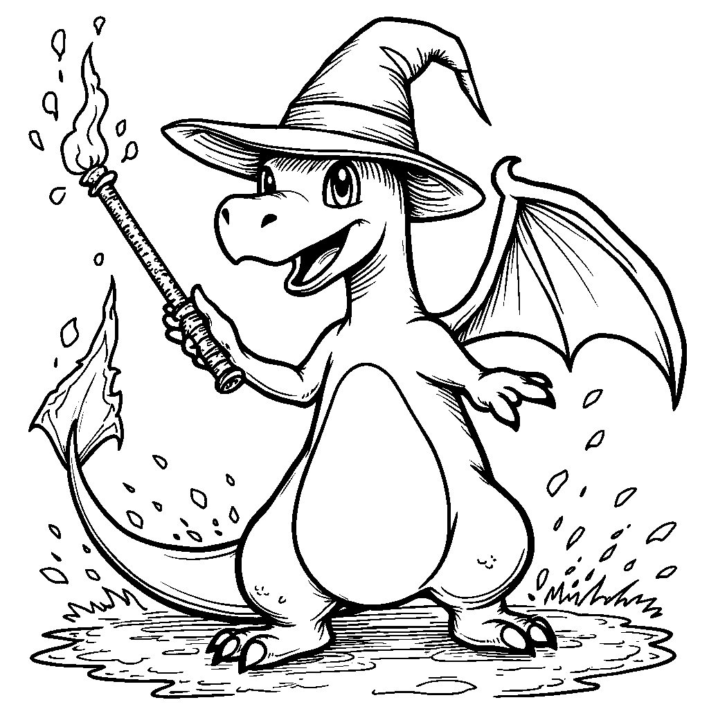 Charizard wearing a wizard hat casting spells