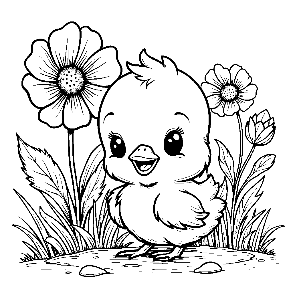 A baby chick peeking out from behind a big flower