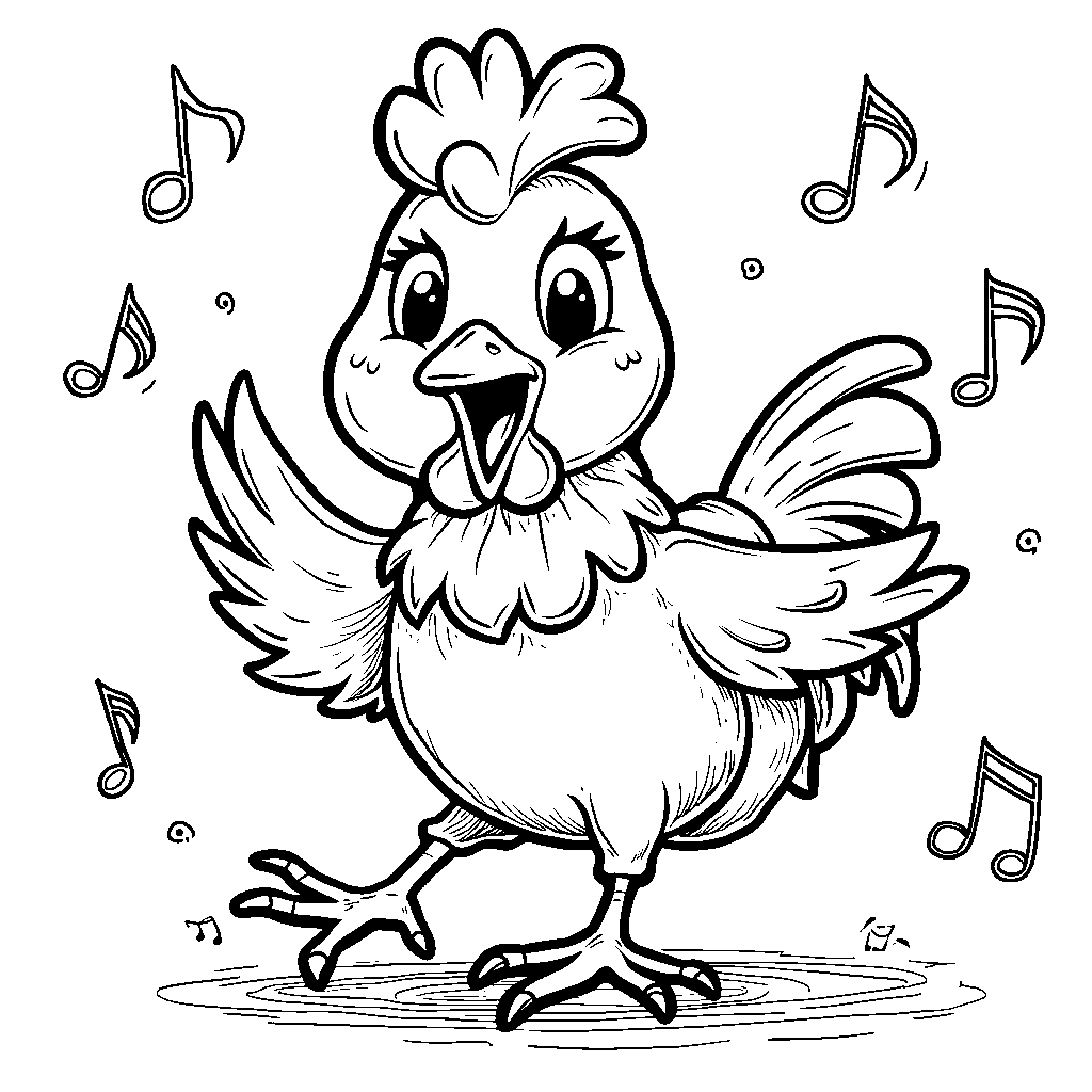 A cartoon chicken dancing with music notes around it