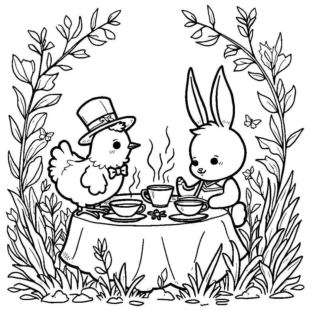 A chicken and a bunny having a tea party