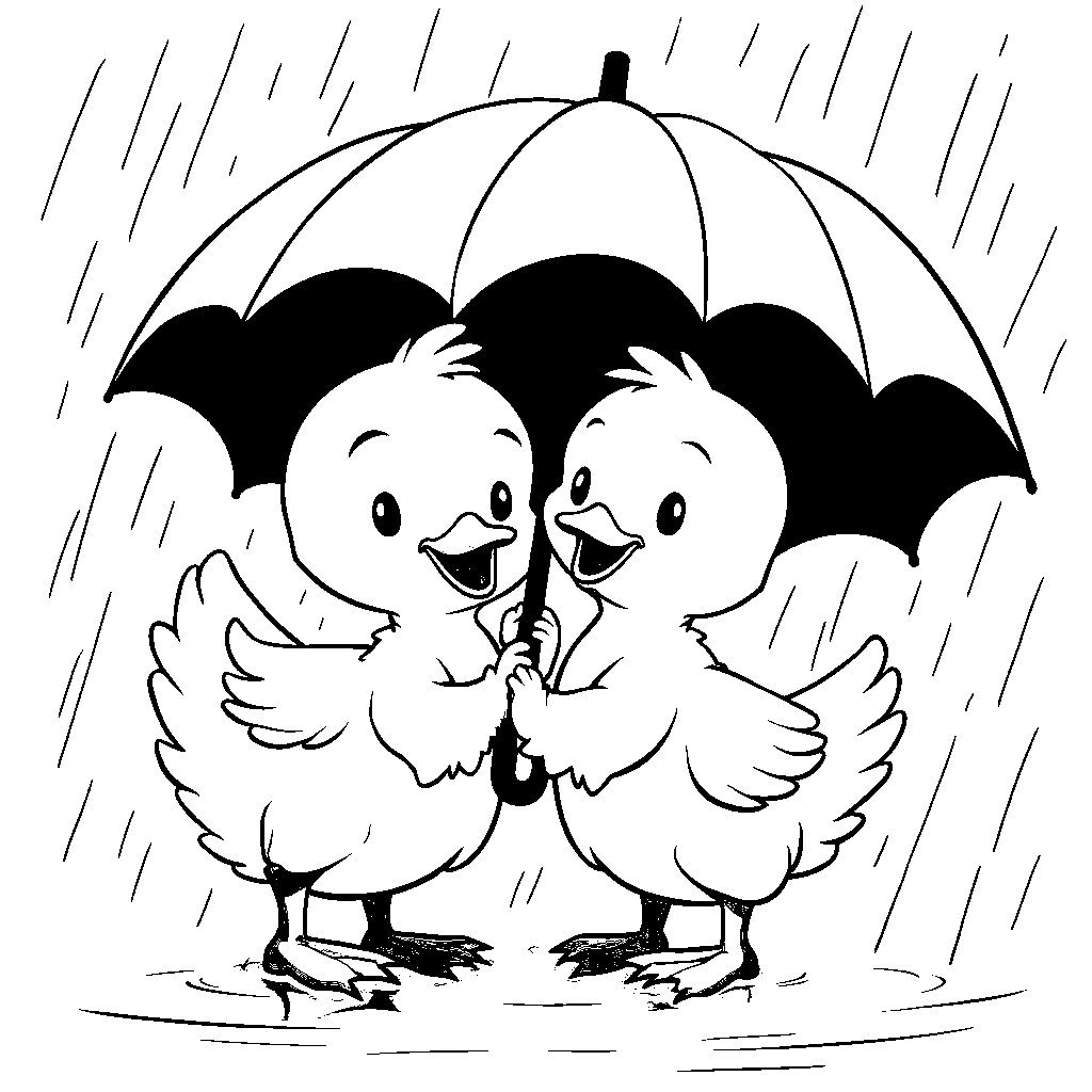 A chicken and a duck sharing an umbrella in the rain