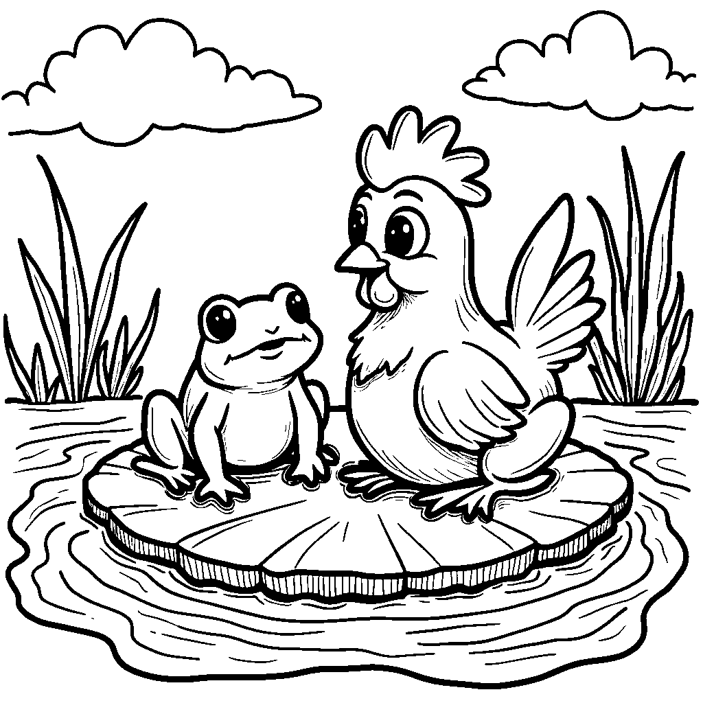 A chicken and a frog sitting on a lily pad in a pond