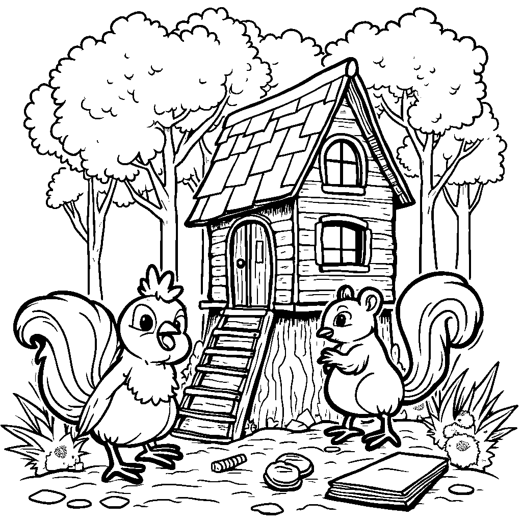 A chicken and a squirrel building a treehouse together