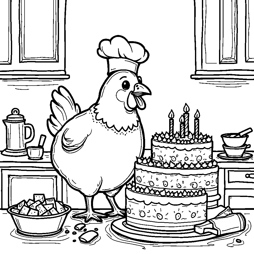 A chicken baking a giant birthday cake