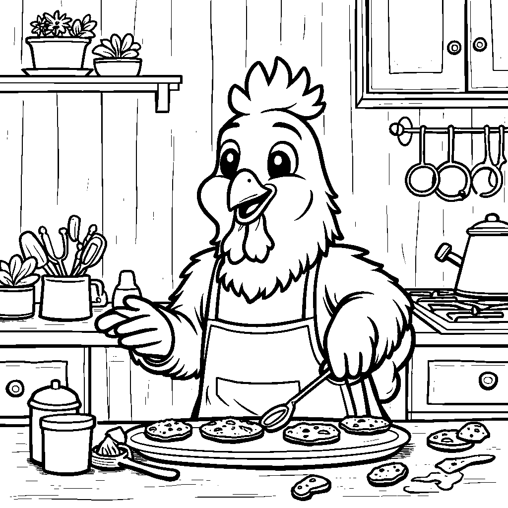 A chicken baking cookies in the kitchen with an apron