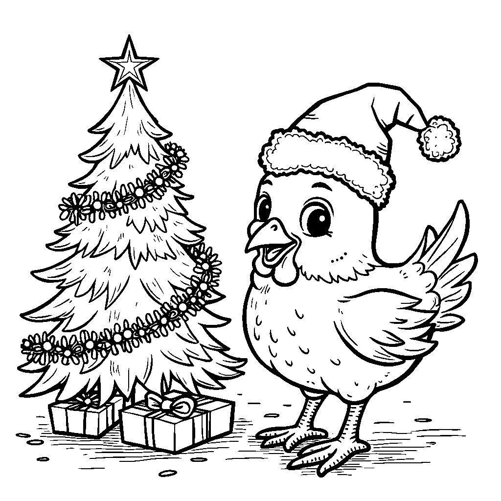 A chicken decorating a Christmas tree